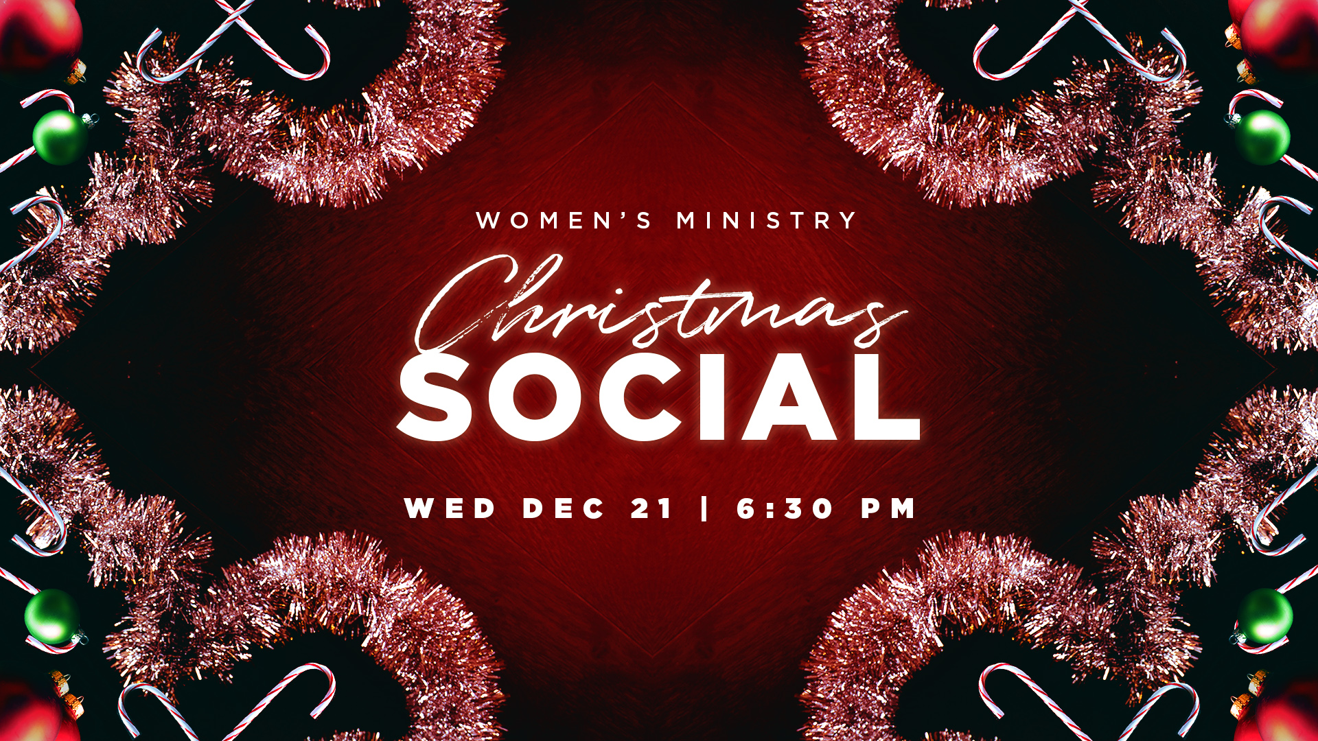 Christmas social event graphic, red background with Christmas garland